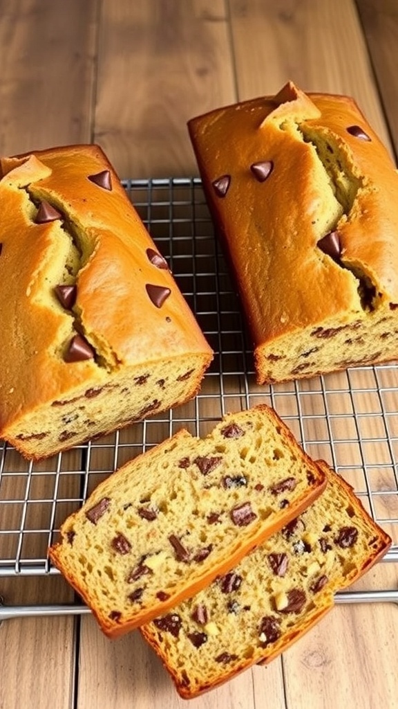 Two loaves of chocolate chip zucchini bread cooling on a rack, with slices cut to show the moist interior.